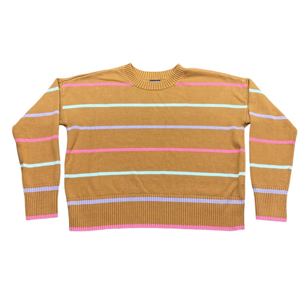 Lands End Drifter Sweater Womens Medium 10-12 Brown Striped Cotton Crewneck